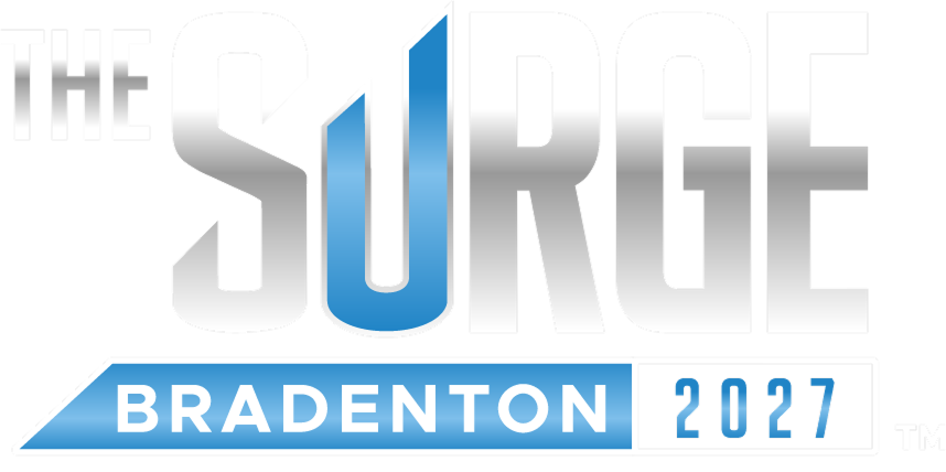 The Surge Bradenton 2027 logo, silver and blue text with event branding.